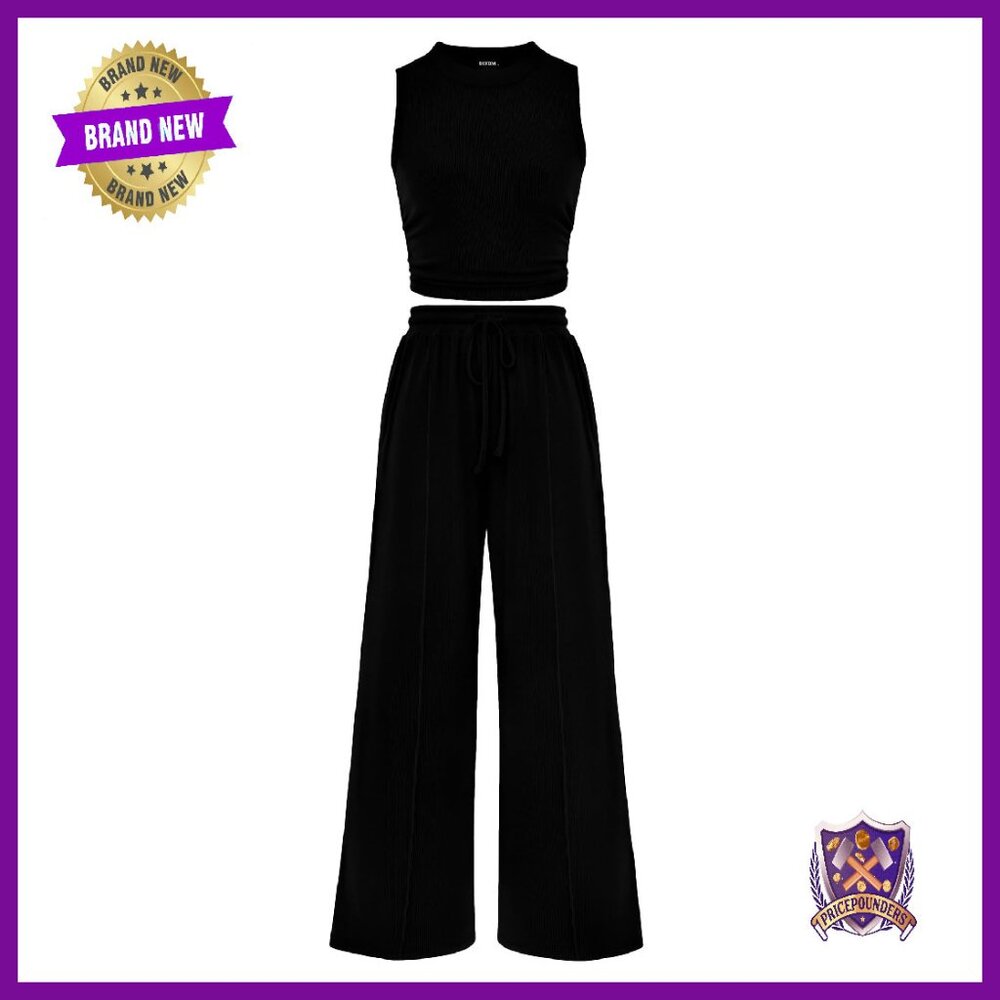 Ribbed Crop Top Wide Leg Pants Set Lounge Wear Stretchy Fabric